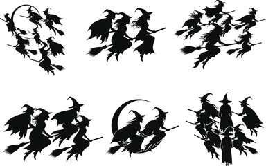 Flying witch silhouettes on broomsticks in Halloween style, spooky group of witches clipart, gothic vector illustration for dark fantasy themes