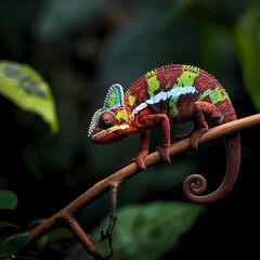 Fototapeta premium A colorful chameleon perched on the tip of a tree branch. The chameleon's body is dominated by a combination of contrasting colors, including green, blue, red, orange, and purple.