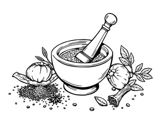 Minimilist illustration of mortar and pestle with spices herbs and vegetables in black and white line art style vector