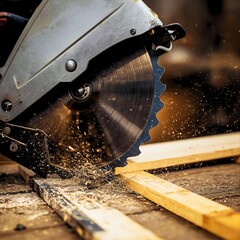 A circular saw cutting a piece of wood.
The cutting is in progress wood chips are thrown and a spray of wood dust is scattered around the cut area.