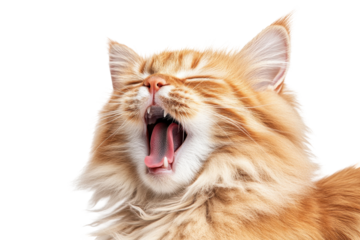 Orange tabby cat yawning shows tongue and teeth on white background, cute fluffy pet portrait with mouth open, transparent png