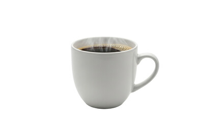 A white ceramic mug filled with hot black coffee steaming against a stark black background in studio shot