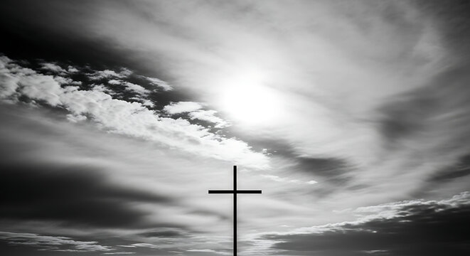 Christian cross in sky black and white religious symbol of faith hope and love background for easter concept
