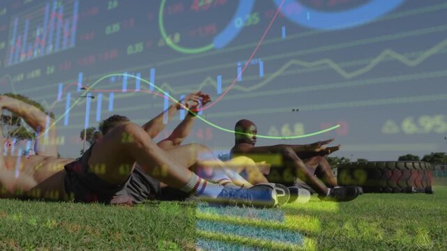 Three men performing sit-up-v-up by tractor tires with stock chart overlay appearing for fitness