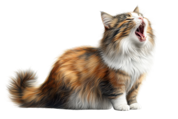 Orange tabby cat yawning shows tongue and teeth on white background, cute fluffy pet portrait with mouth open, transparent png
