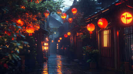 Rainy Night in Traditional Japanese Alley with Lantern Reflections and Warm Glow Ambiance