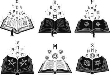 Mystical spellbook vector illustration—ancient open book with runes and alchemy symbols drifting upward, magical arcane fantasy design