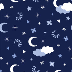 Dreamy seamless night sky pattern with crescent moons, stars, soft clouds, flowers, delicate leaves on a deep navy background. Ideal for baby products, nursery, fabric prints, textile and night theme