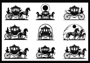 Fototapeta premium Set of Spooky Halloween Horse-Drawn Carriage Silhouettes with Skeleton Horses, Haunted Coaches and Gothic Elements in Vector Illustration