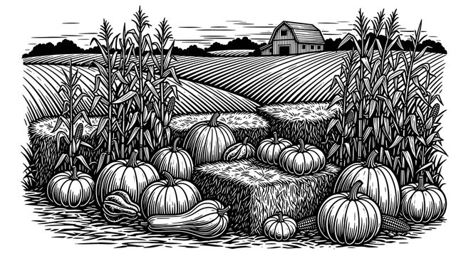 Vibrant autumn harvest scene with pumpkins, corn stalks, hay bales, and a distant barn set against rolling fields under a dramatic sky, perfect for seasonal promotions.