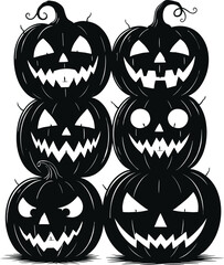 Spooky Halloween Jack-o'-Lantern Stack of Pumpkins with Scary Faces in Black Silhouette Vector Illustration Isolated on White Background