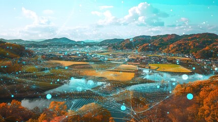 Digital network overlaying scenic overview of Japanese countryside.