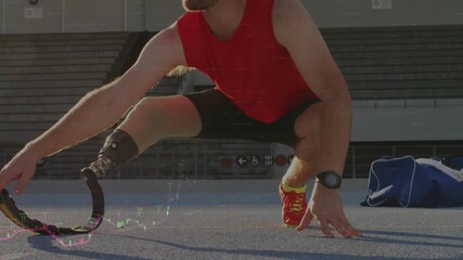Athlete adjusting prosthetic blade on track, initiating animated rising graph for sprint training - Powered by Adobe
