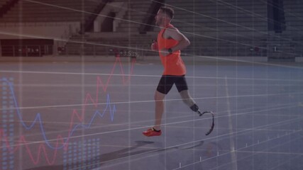 Male athlete entering left and running arena displaying blade with charts tracking sports metrics - Powered by Adobe