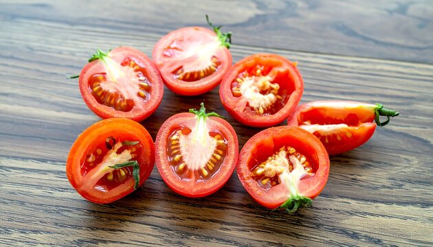 Halved cherry tomatoes on a wooden surface