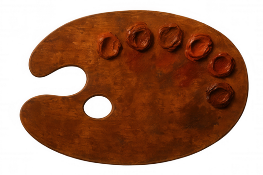 Wooden palette with red oil paint showing artistic inspiration and creative endeavors, isolated on transparent background