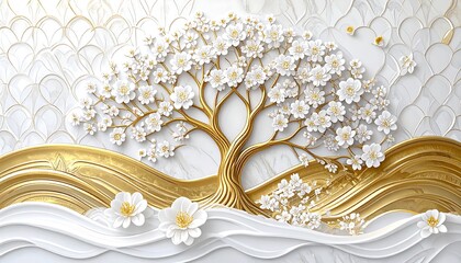 Ornate white flower tree on gold marbled background