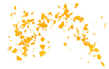 Fototapeta premium Crumbs potato chips with paprika flavor flying, isolated on white background, top view