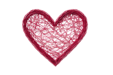 A vibrant, crimson heart shape, intricately detailed with interwoven, thin strands of a similar reddish hue.  The strands create a textured, woven appearance, giving the heart a tactile quality