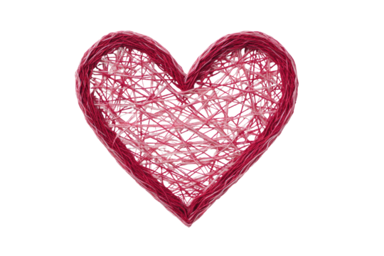 A vibrant, crimson heart shape, intricately detailed with interwoven, thin strands of a similar reddish hue.  The strands create a textured, woven appearance, giving the heart a tactile quality