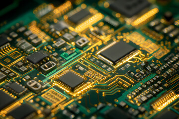 Fototapeta premium Intricate Circuit Board with Golden Lines