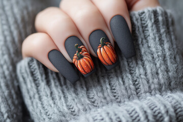 Beautiful autumn-themed nail art showcases matte black nails adorned with intricate pumpkin designs. The hands rest comfortably, highlighting the season's festive spirit.