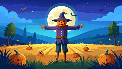 Halloween scarecrow in a field at night (1)