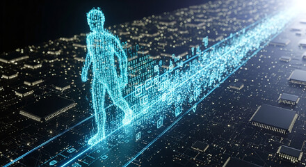 Futuristic concept of digital footprint walking on circuit board, leaving a glowing trail of data and information.