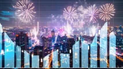 Cityscape Fireworks Display with Financial Data Overlay - Powered by Adobe