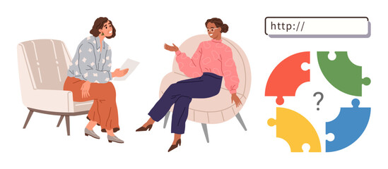 Two women seated in chairs exchanging ideas, colorful puzzle pieces representing collaboration, and a web search bar symbolizing connection. Ideal for teamwork, consulting, communication