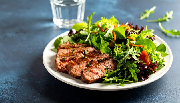 Sliced steak on a mixed greens salad