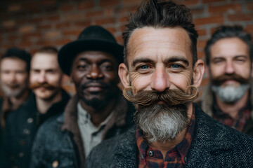 Obraz premium a diverse group of men, each sporting a unique mustahe style, standing united gainst a rustic brick wallbackground