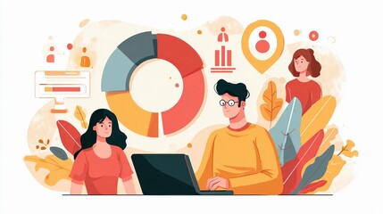 Digital marketing team analyzes data trends through charts and graphs while working on laptops in a creative office space during daylight hours