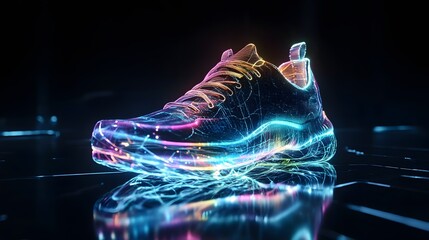 Digital Shoe with Glowing Lines and Electrical Energy Flow - Black Background
