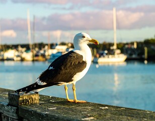Seagull on dock at sunset
