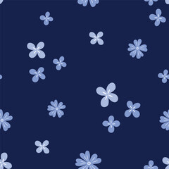 Minimalistic floral seamless pattern with soft lavender flowers on a dark blue background. Elegant, clean blossom design suitable for stationery, fashion prints, textile, wallpapers, fabric, packaging