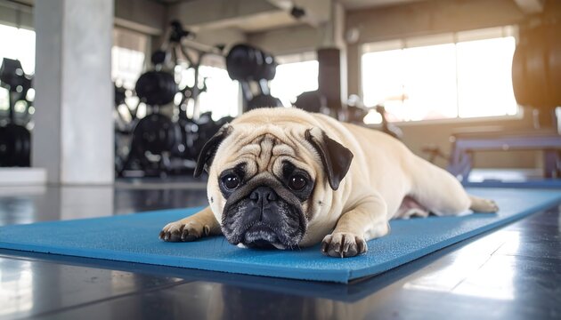 Pug resting on exercise mat in gym