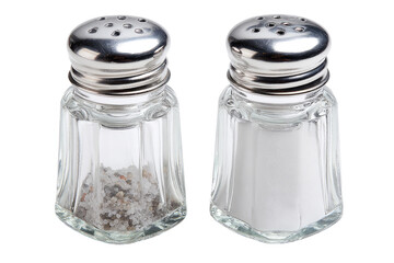 Two glass salt and pepper shakers, side-by-side, one filled with salt, the other empty.  Chrome-colored tops on each