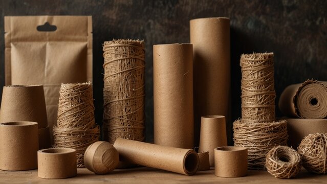 Assortment of brown paper tubes spools of twine and paper bag