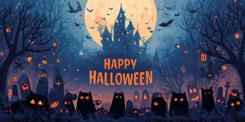 Blue Halloween background, shows haunted house, bats, cats, pumpkins. Great for party invitation, social media post, or scary video background.