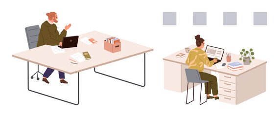 Two colleagues focus on their tasks at individual desks. One uses a laptop while the other works with documents. Ideal for teamwork, productivity, collaboration, remote work, office culture