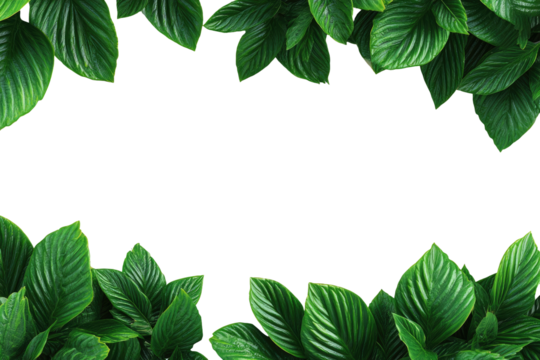Lush green leaves frame a dark background.  Tropical foliage creates a border around a blank center.  Vibrant, healthy, and natural