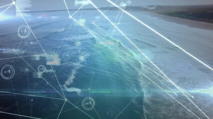 On aerial reveal network overlay mapping ocean nodes extending lines visualizing connectivity - Powered by Adobe