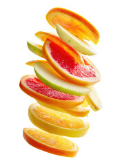 Sliced fruits in mid-air, vibrant colors of citrus and apple slices, arranged in a stack, against a black background