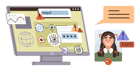 Computer monitor with phishing alerts, spyware, and fake content. Signs for hacking, cybersecurity failings, and fake identity detection. Ideal for fraud prevention, online privacy, digital safety