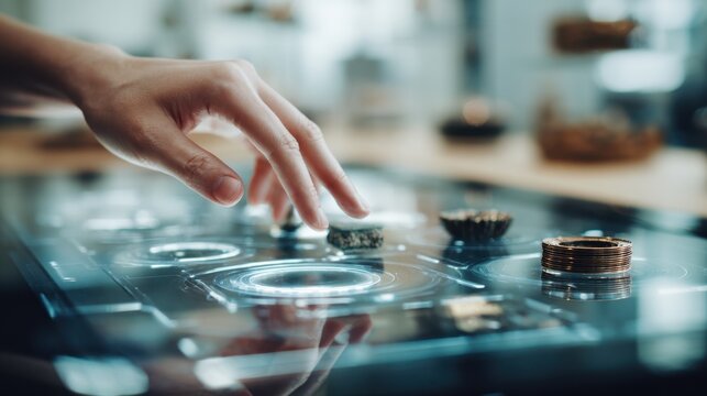 Medium shot of fingers swiping an interactive transparent screen displaying rotating physical items in augmented reality with a blurred background highlighting the digital browsing
