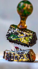 Close-up of a pair of old, colorful ink stamps