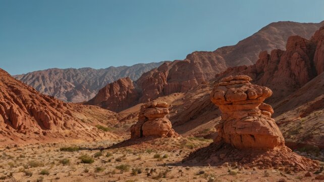 Red rock hoodoos and mountains under a clear blue sky