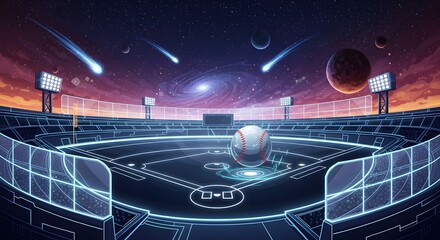 Futuristic baseball stadium under a cosmic sky with planets and meteors, a glowing baseball on the field, perfect for sports, sci-fi, and gaming promotions.