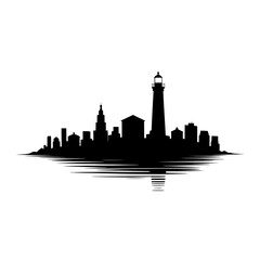 Naklejka premium coastal city skyline with lighthouse silhouette vector illustration